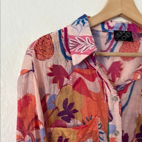 Milk & Honey Colorful Button Up Blouse in Pink Orange Blue Sz L - Picture 3 of 9